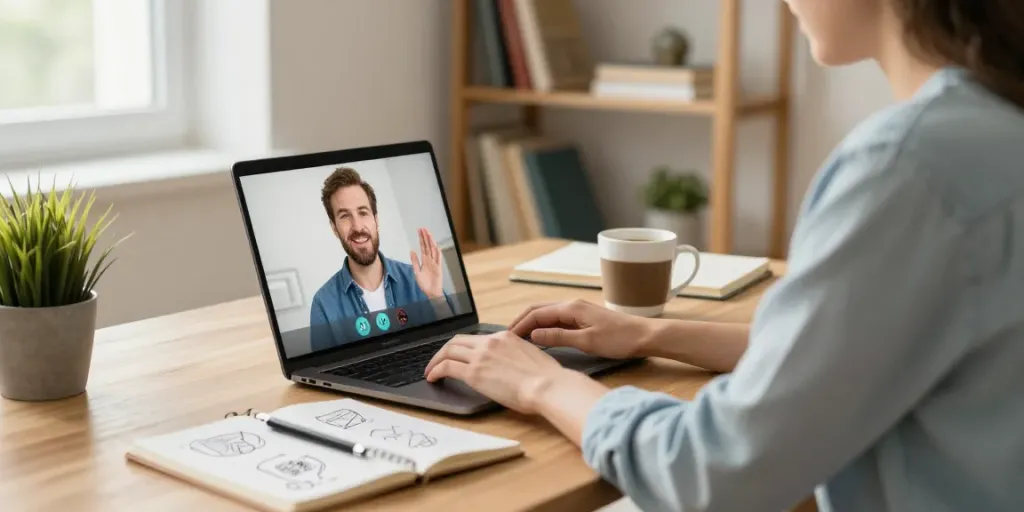 Een persoon registreert een .nl domeinnaam in een moderne thuiswerkruimte met laptop en notitieboek.