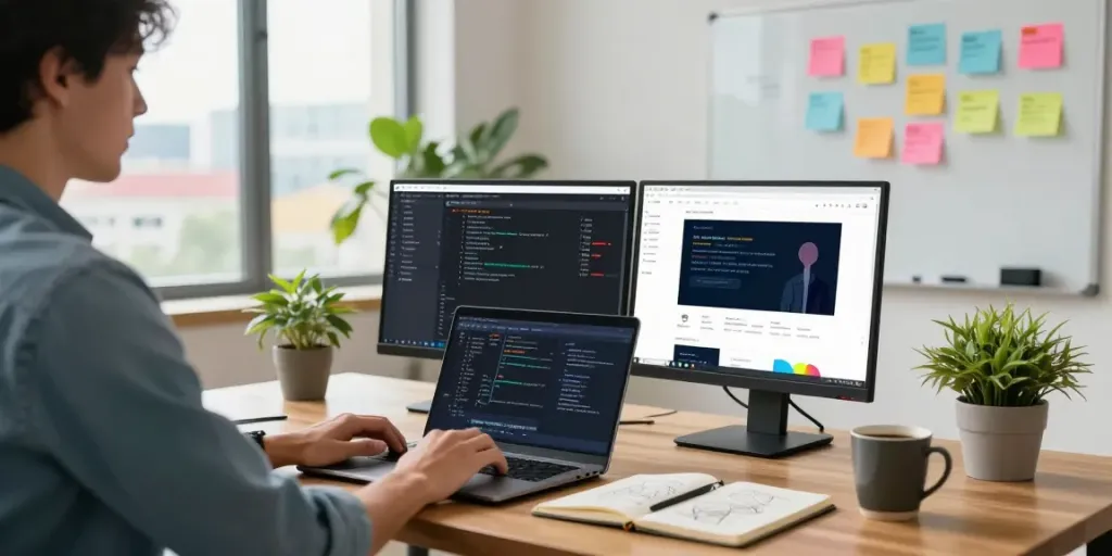 Professioneel web-development in een moderne werkomgeving met coderende ontwikkelaar.
