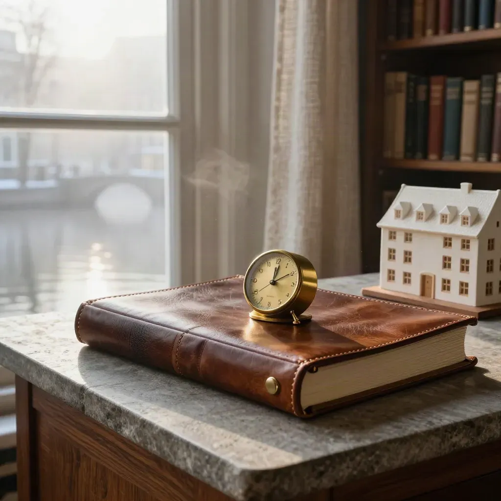 Macro van een Amsterdamse adviesbibliotheek met leer, messing, hout en mistig ochtendlicht.