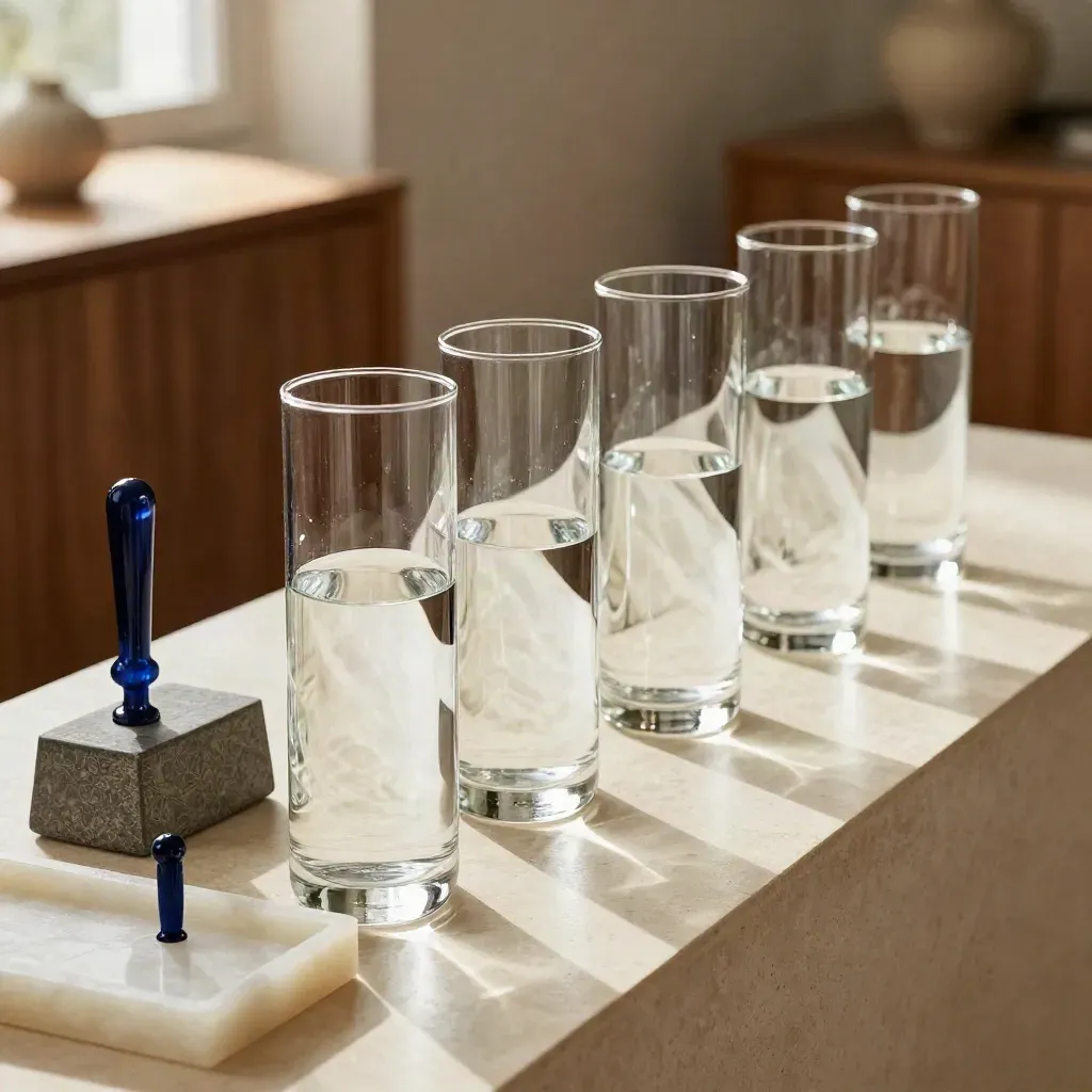 Glazen meetvaten met verschillende waterstanden naast een stenen gewicht op een lichte tray.