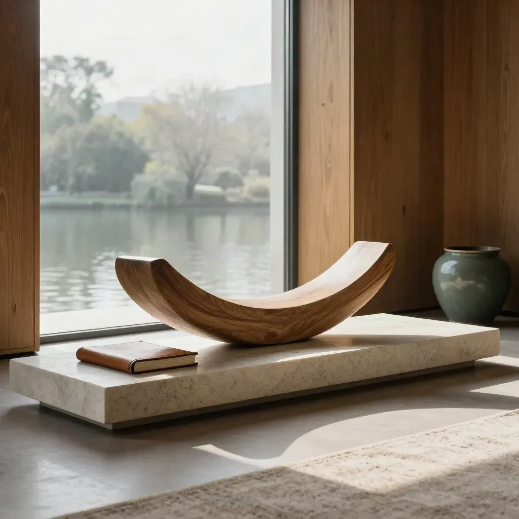 Rustige woonkamer met stenen sculptuur, leren folio en beslagen raam aan de gracht.