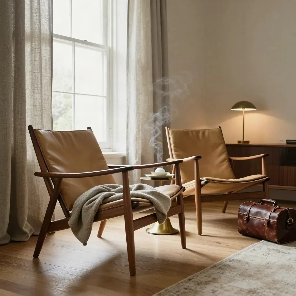 Twee loungechairs met plaid en theeset in een warme, zonovergoten woonhoek.