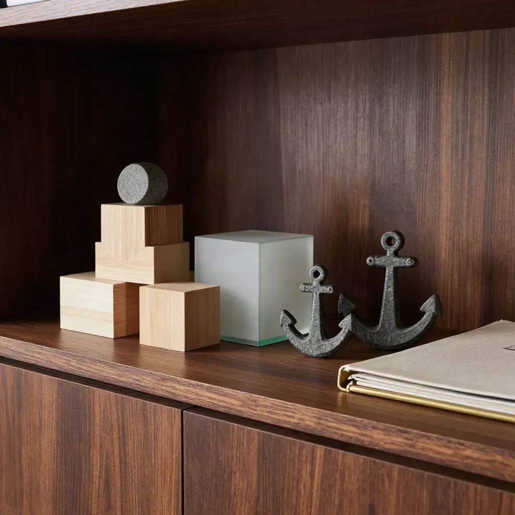Rustige plank met stenen gewichten, houten blokken en glas in een familie-adviessetting
