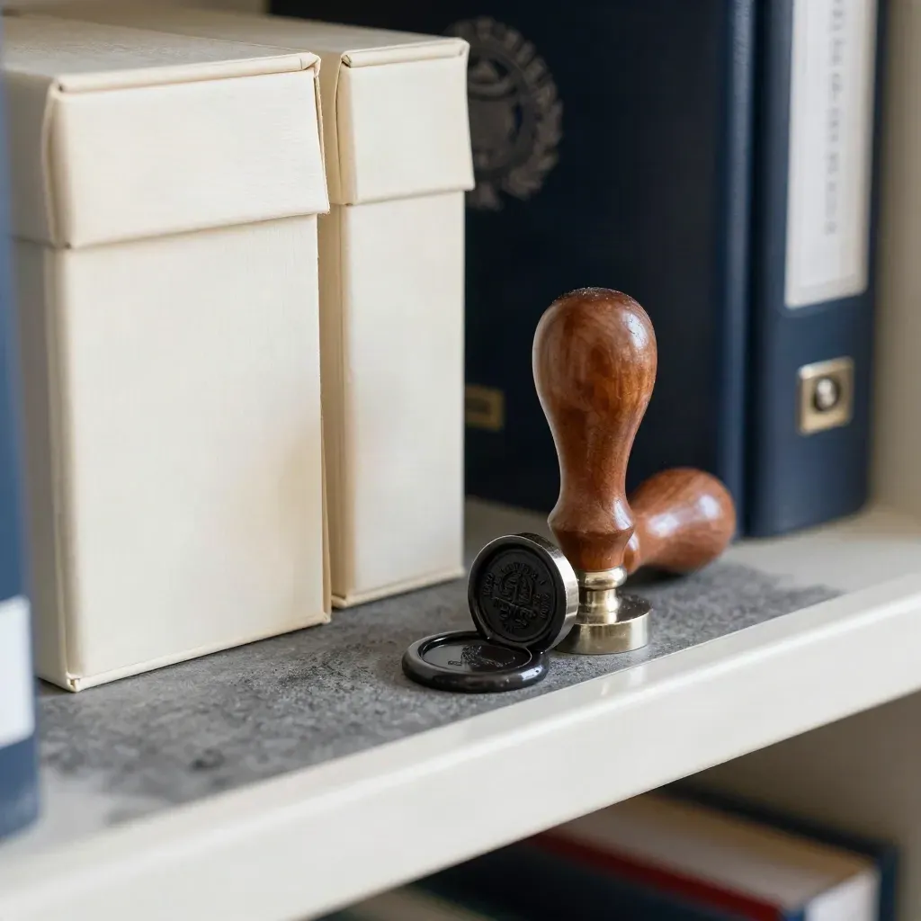 Creatieve archiefdozen met zegelstempel en waszegel op een grafieten plank.