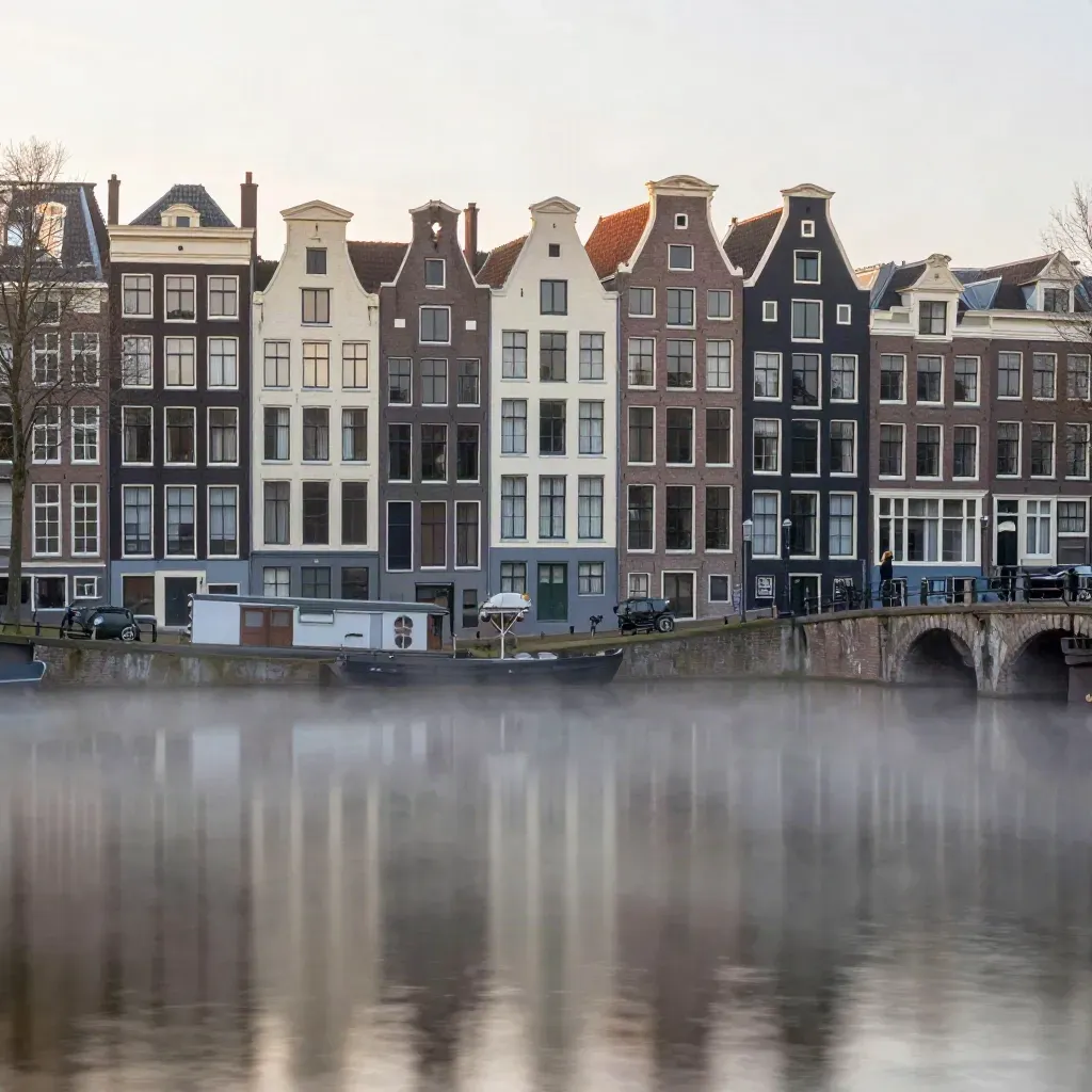 Amsterdamse grachten bij zonsopkomst met mist, bruggen en boten