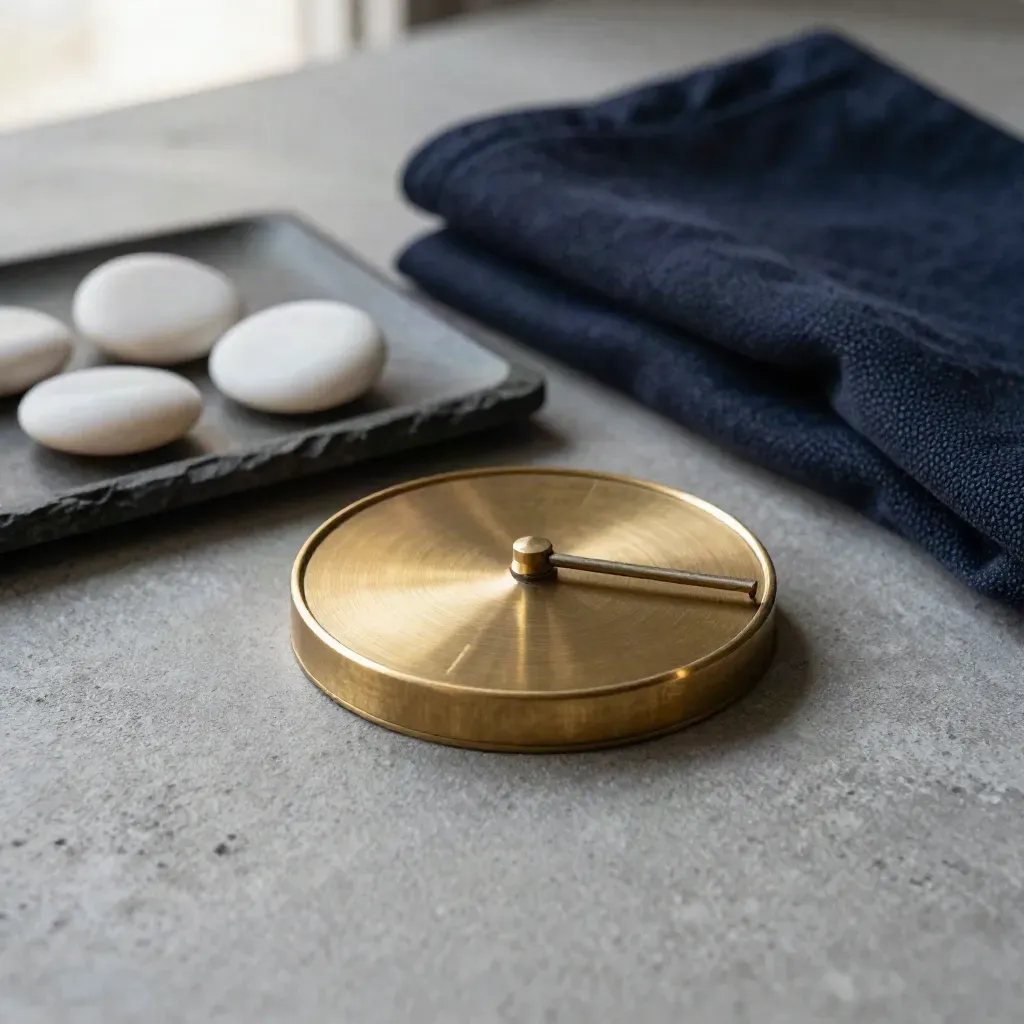 Brass dial met verschoven marker op stenen tray, met kiezel en navy doek in zacht licht.