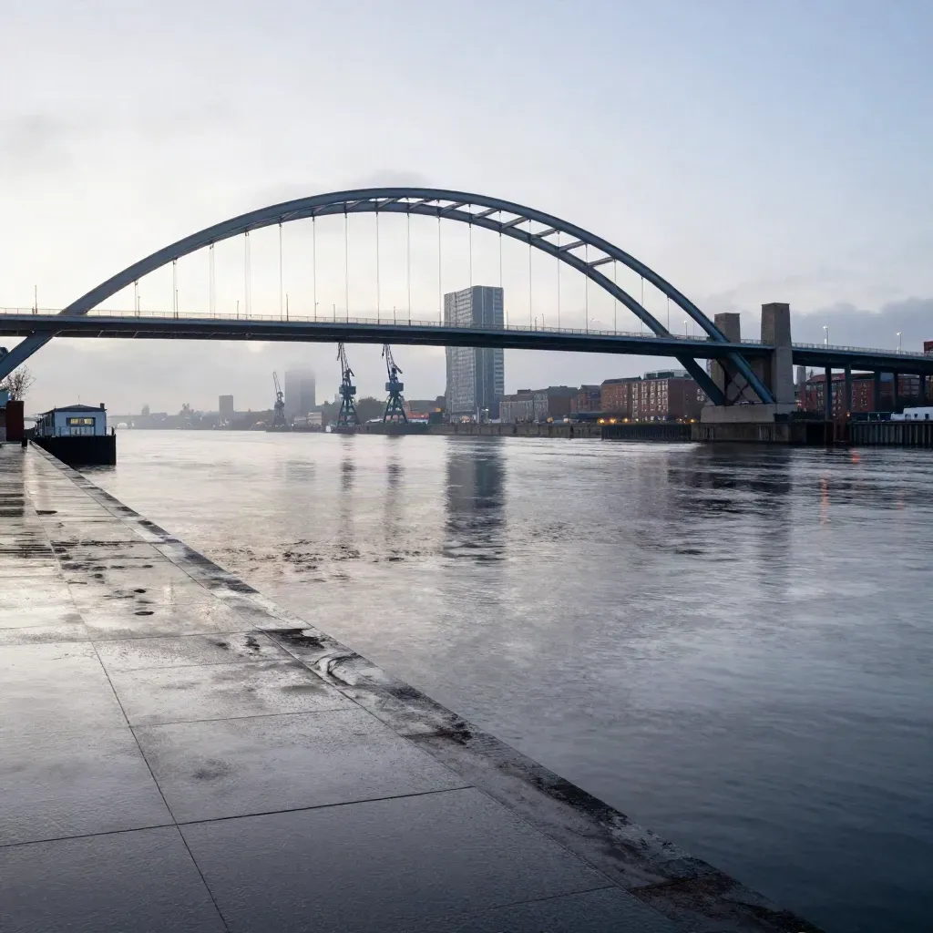 Erasmusbrug en havenkranen boven rustig donker water in blauw uurtje.