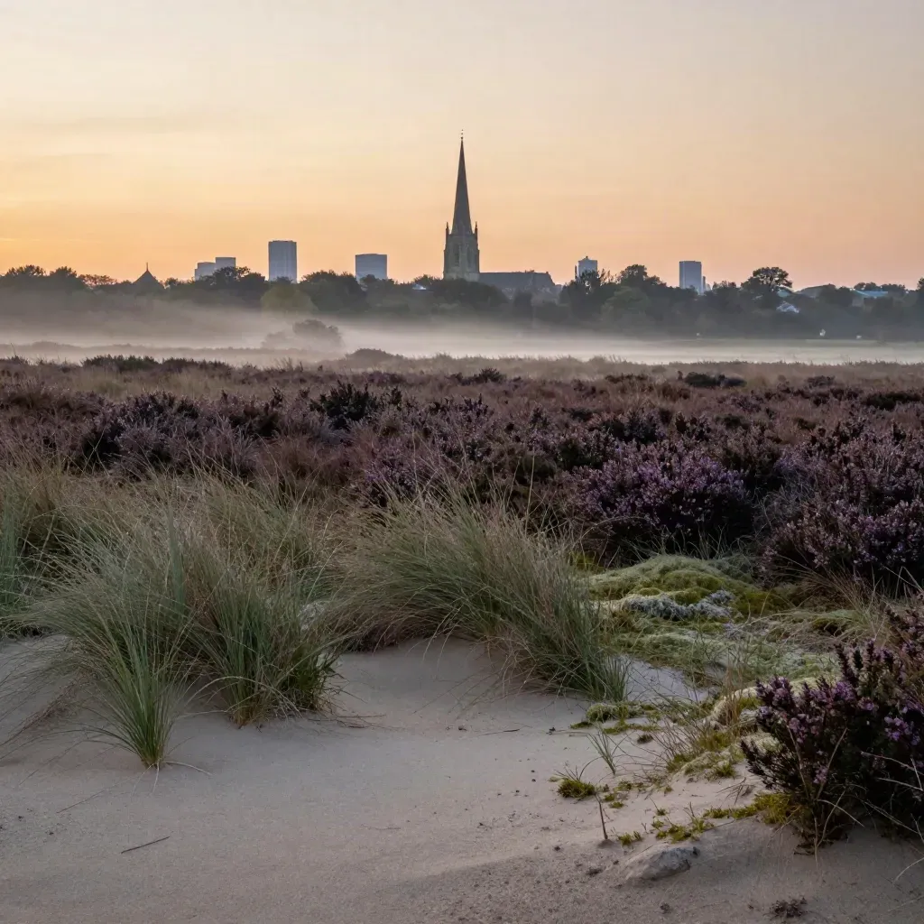 Brabantse heide met verre skyline en kerktoren in warme avondnevel