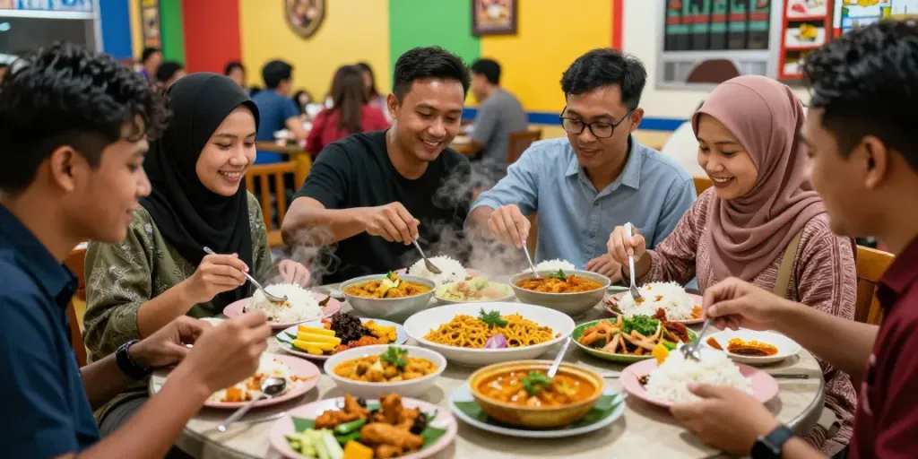 Nasi Kandar dining experience showcasing friends selecting dishes while enjoying authentic flavors, rokok88 login community.