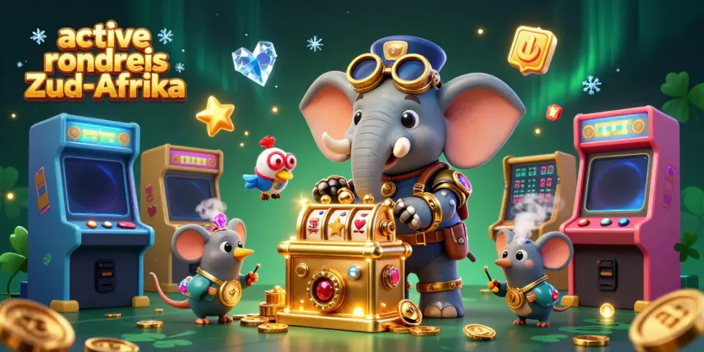 Actieve rondreis Zuid-Afrika met een speelse olifant die een gokautomaat bedient, omringd door speelse casino-elementen.